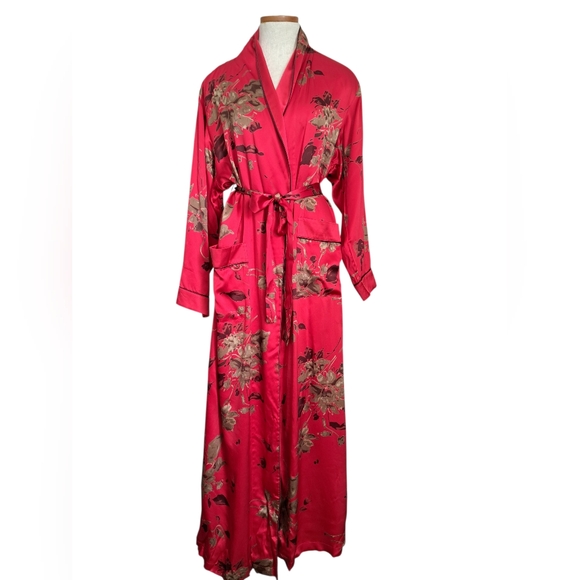 NK ELLE Other - NK ELLE 100% SILK red floral long robe shawl collar elegant lingerie oversize Sm